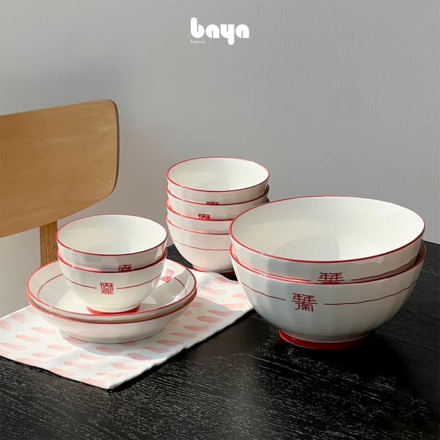 Combo Bát Đĩa Sakura Họa Tiết Đỏ (6 bát cơm, đĩa, ...)